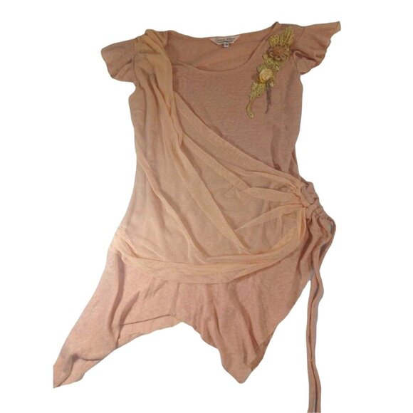 Gitana Marie Tops - Gitana Marie Womens Flower Embellished Biege Blouse Fairy Hem Ruched Si…